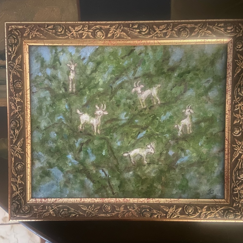 Framed Painting of Goats in Trees